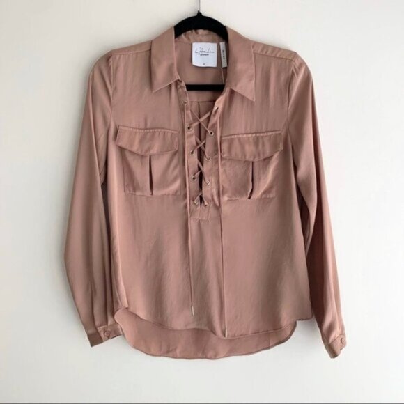 REVOLVE L'Academie Safari Blouse Camel Lace Up Tie Front Satin Size XS - Picture 3 of 14